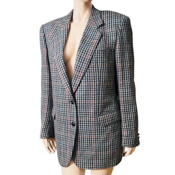 Burberry Aresa Vintage 80s Blazer 100% Pure New Wool Leather Buttons Size Fit Lg - Picture 2 of 13